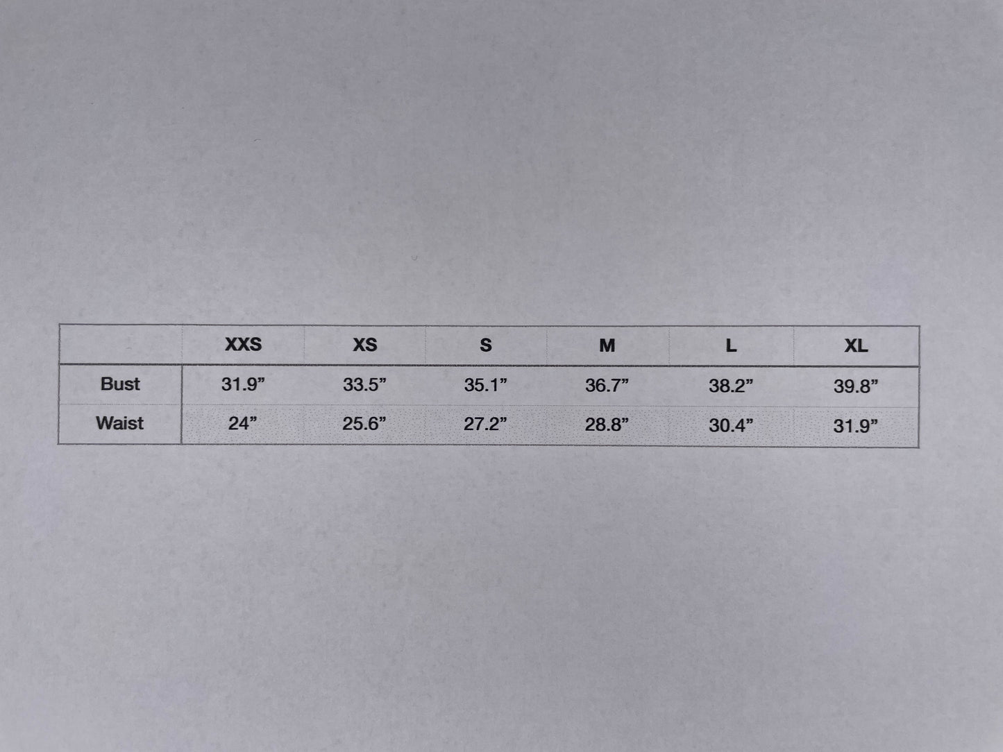 ----- Corset size Chart -------